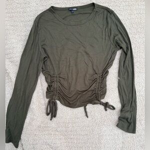Olive Green Long-Sleeve Ruched Ribbed Crop Top | Size Large